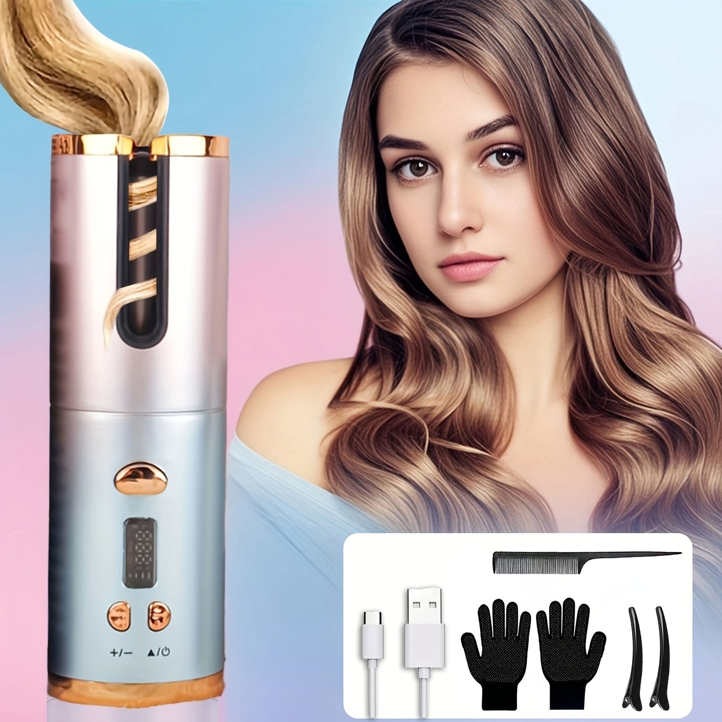 USB-Rechargeable Automatic Curling Chamber with Six Heat Settings, LCD Timer and Four Color Options