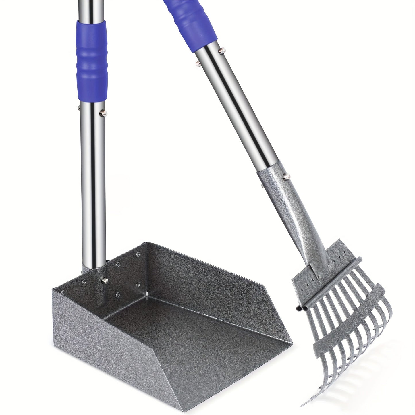 Long-Handle Pet Waste Rake and Tray Set with Two Three-Section Handles and Nine Color Options