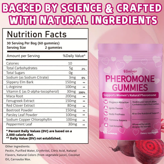 Women's Pheromone Gummies with L-Arginine, Maca & Beetroot, Natural Attraction, Confidence & Feminine Balance Supplement