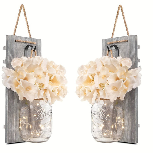 Mason Jar Wall Sconces Set of 2 – Rustic Farmhouse Wall Decor with Ivory Hydrangea Flowers