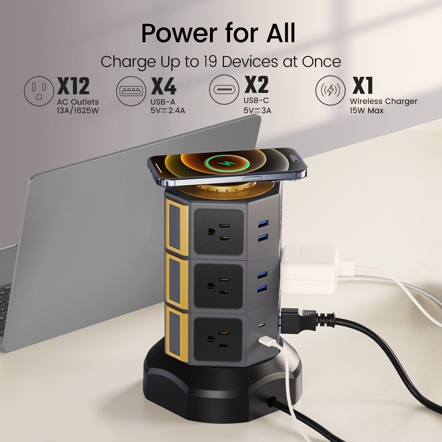 Surge- Power Tower 13-in-1 with Wireless Charger, 9 AC Outlets & 4 USB Ports (2 USB-C PD18W), 1080J Surge Protector