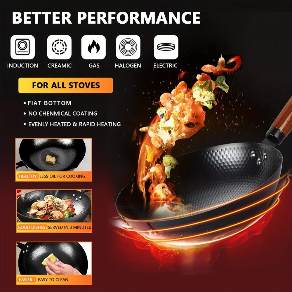 Cast Iron Wok Set 14 Piece 12.6 Inch Flat Bottom Stir Fry Pan with Lid Spatula Accessories for Home Cooking, Dining and Outdoor Meals