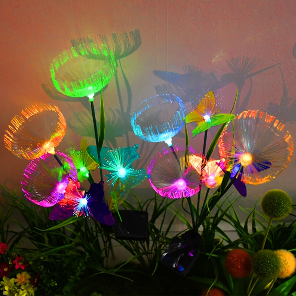 Solar Garden Light Fiber Optic Jellyfish Stakes 4-Pack with 7-Color LEDs and IP65 Rating for Outdoor Garden Decor