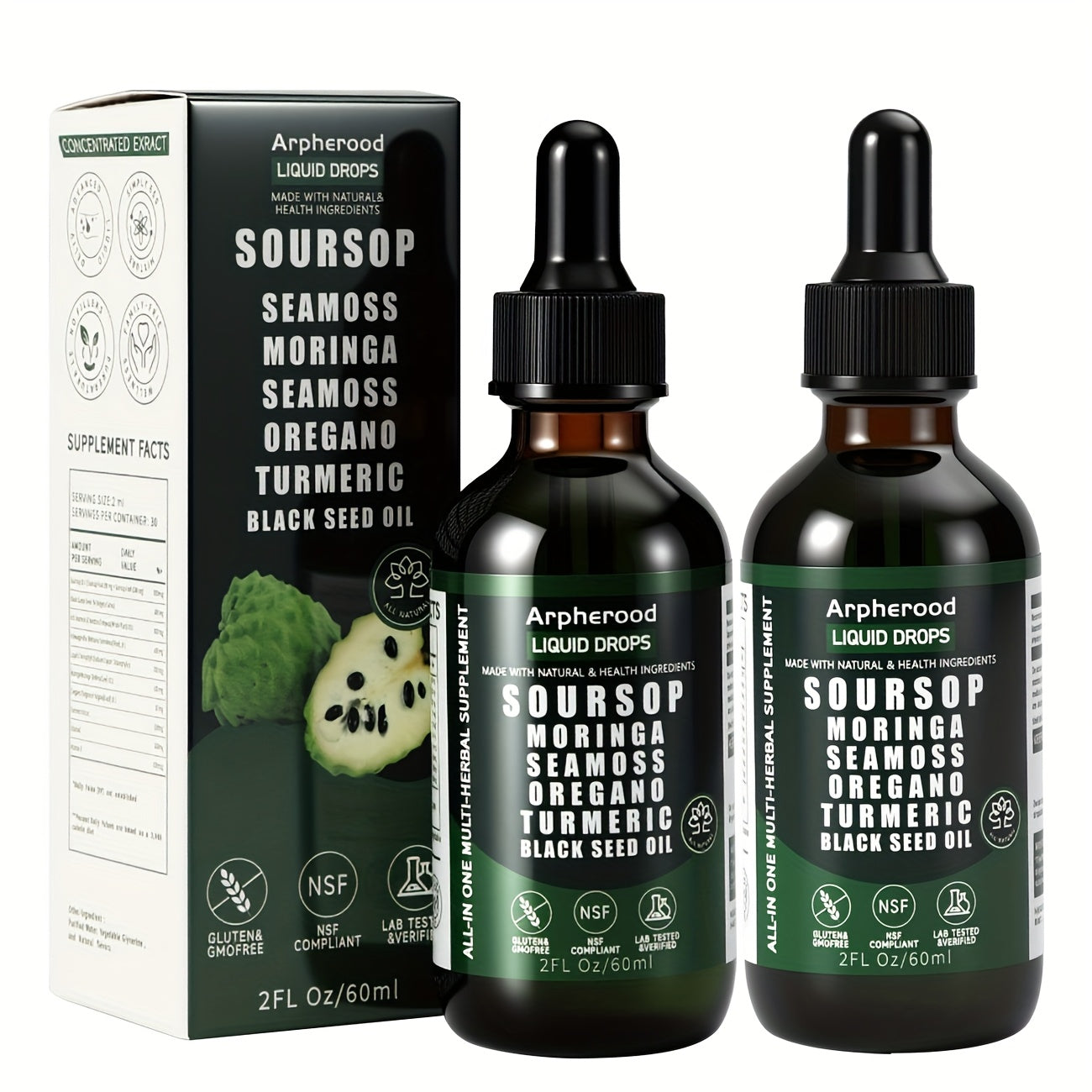 Soursop Graviola Liquid Drops 2 Fl Oz, Leaf & Fruit Blend with Sea Moss, Elderberry & Black Seed Oil