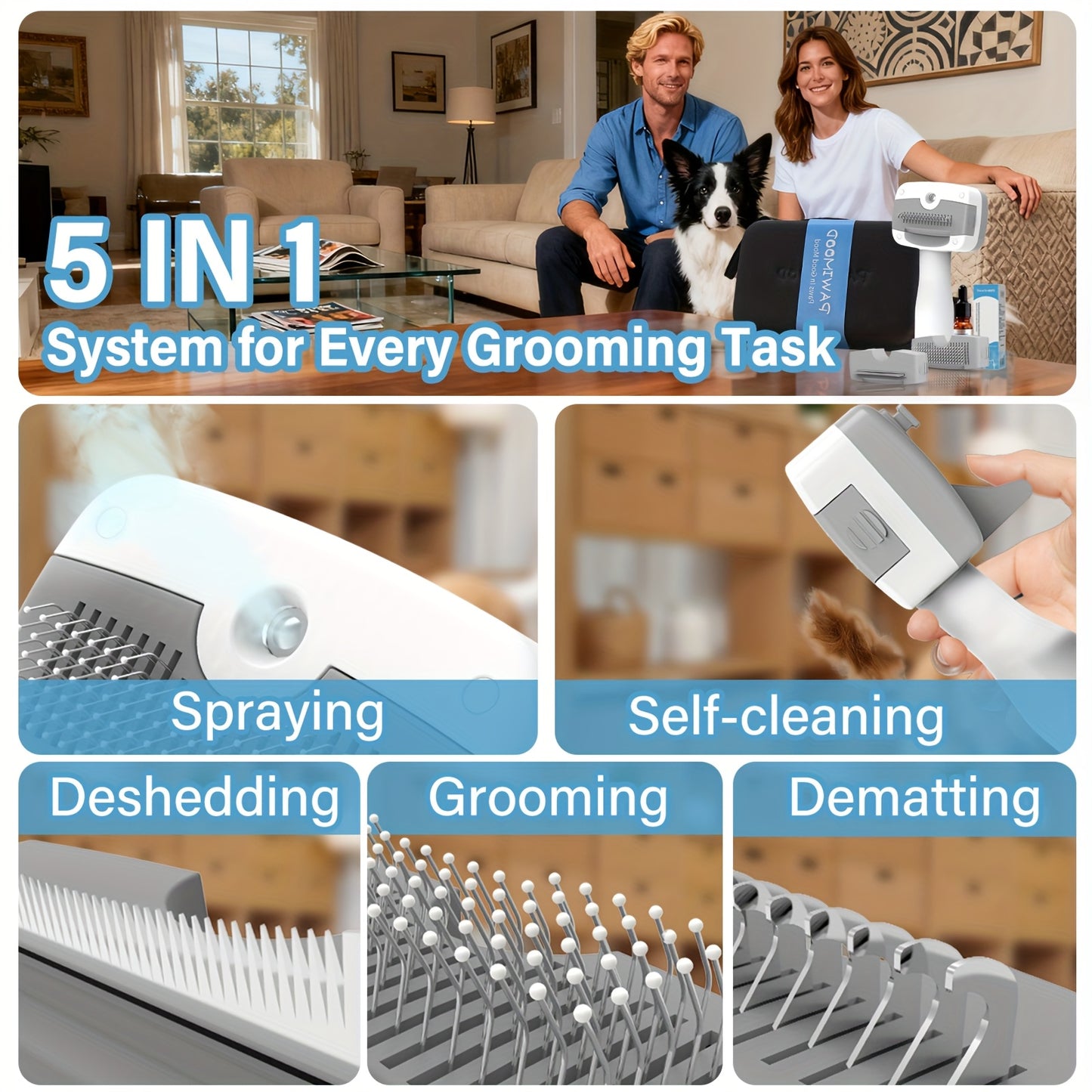 Pet Steam Brush 5-in-1 Self-Cleaning Anti-Static USB Powered – Stainless Steel Bristles Built-in Tank for Cats Dogs Shedding Massage