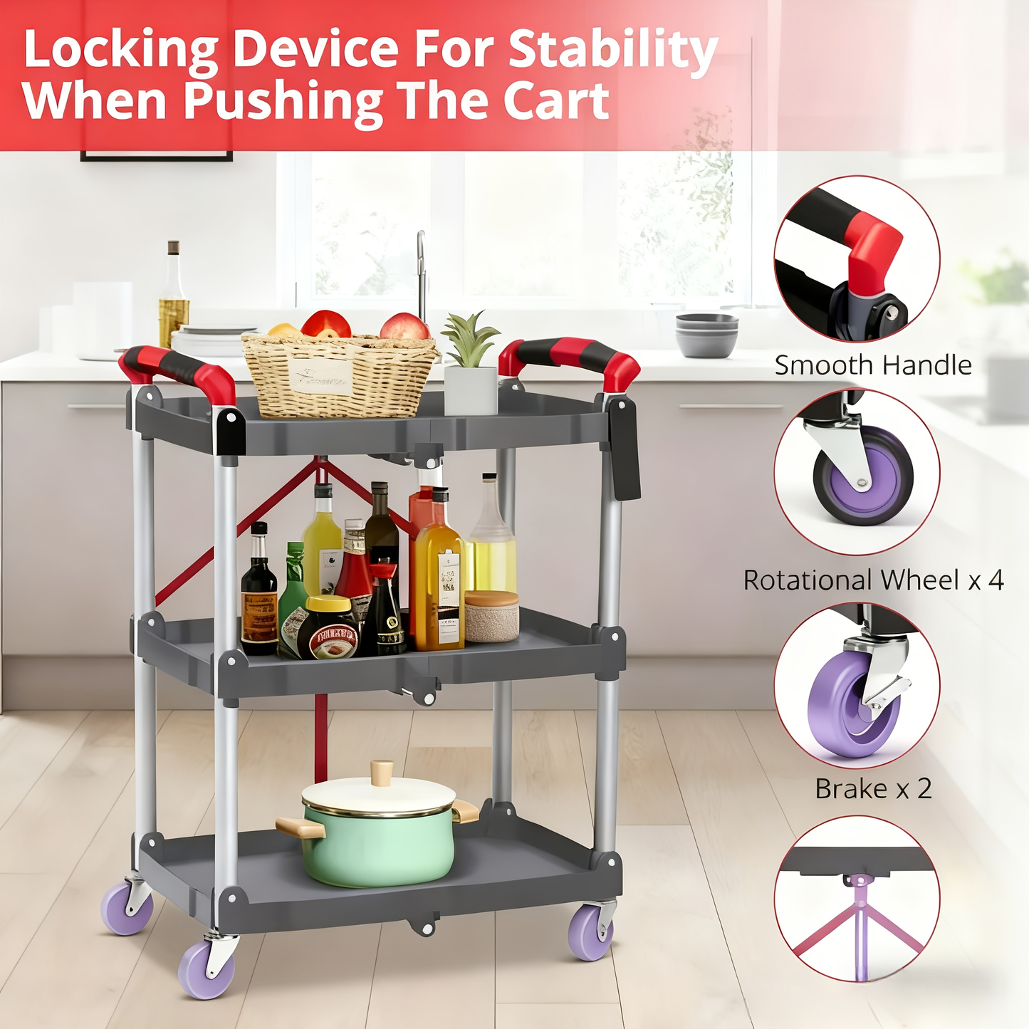 3-Tier Rolling Cart Collapsible Service Utility Cart on Wheels, Portable Folding 3 Shelf Cart for Kitchen Office Garage Workshop