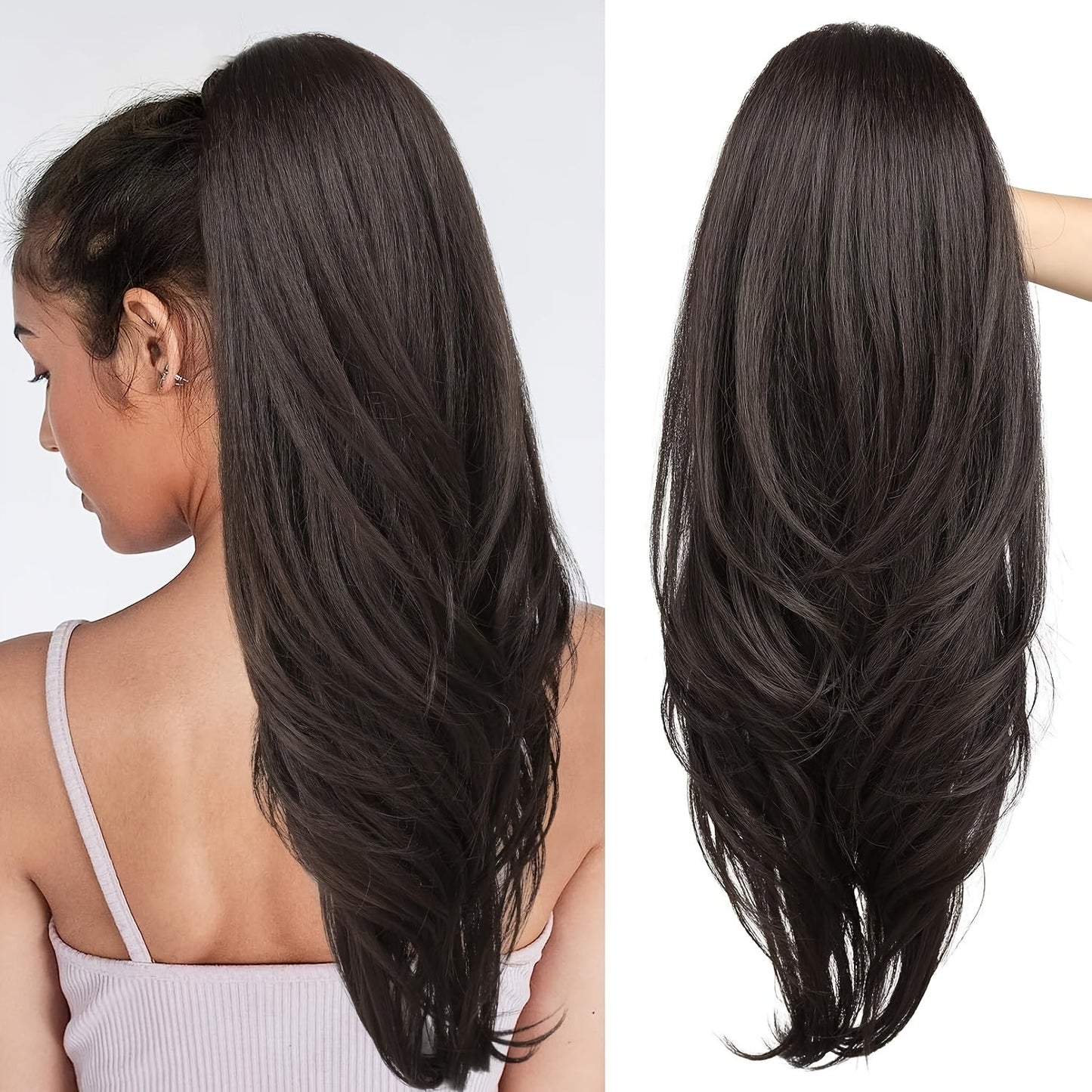 Drawstring Ponytail Extension for Women Long Wavy Layered Wrap Around Clip In Synthetic Pony Tail 26 Inch No Glue No Heat Blonde Brown Ash