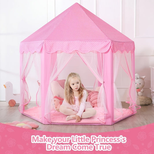 Pink Hexagonal Princess Play Tent with Sheer Mesh Door, Flower Print, 48-Inch Base and 52-Inch Height