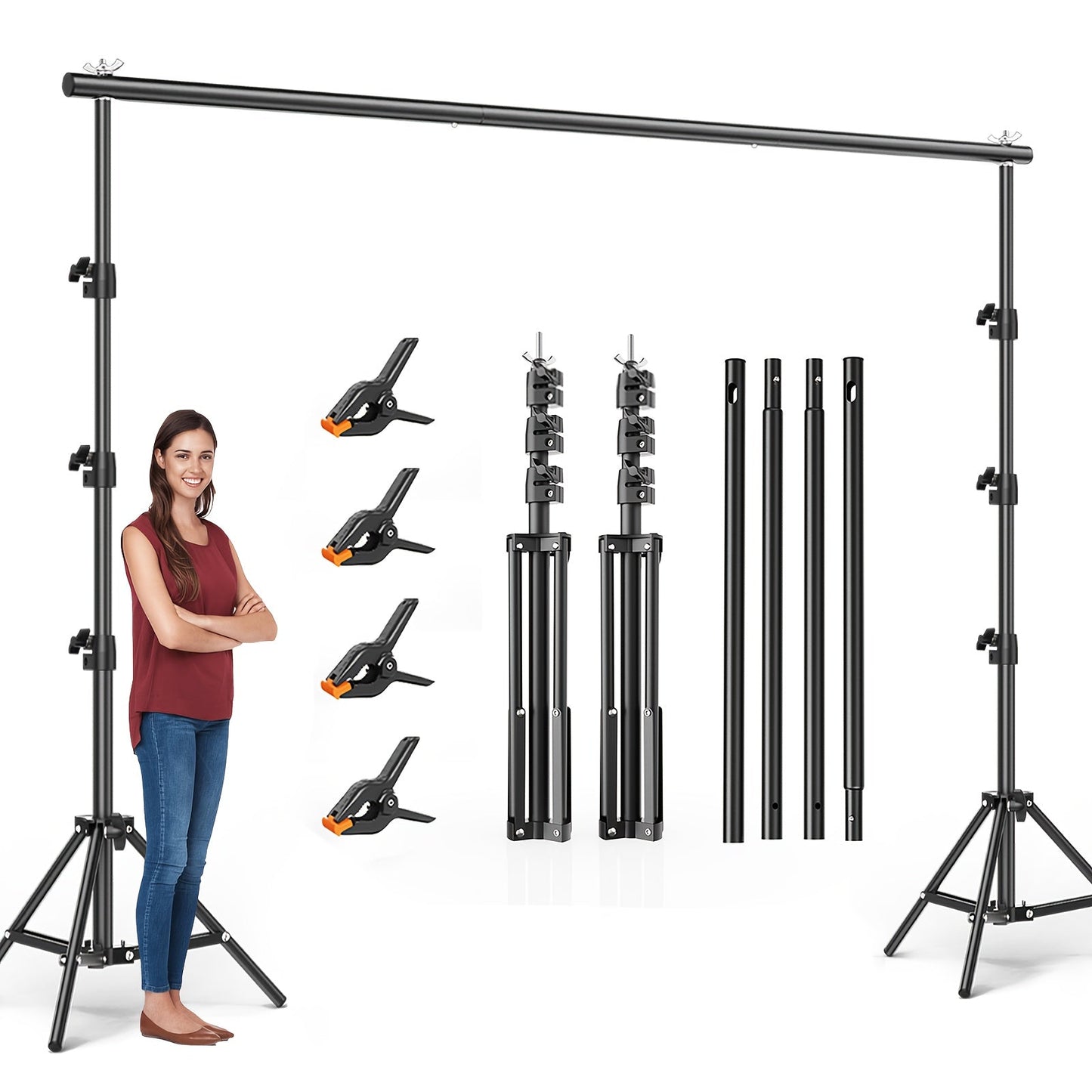 Backdrop Stand Kit 10x10ft Heavy Duty – 2 Adjustable Stands, 4 Crossbars, 4 Clamps & Carry Bag for Photo Studio, Video Shooting