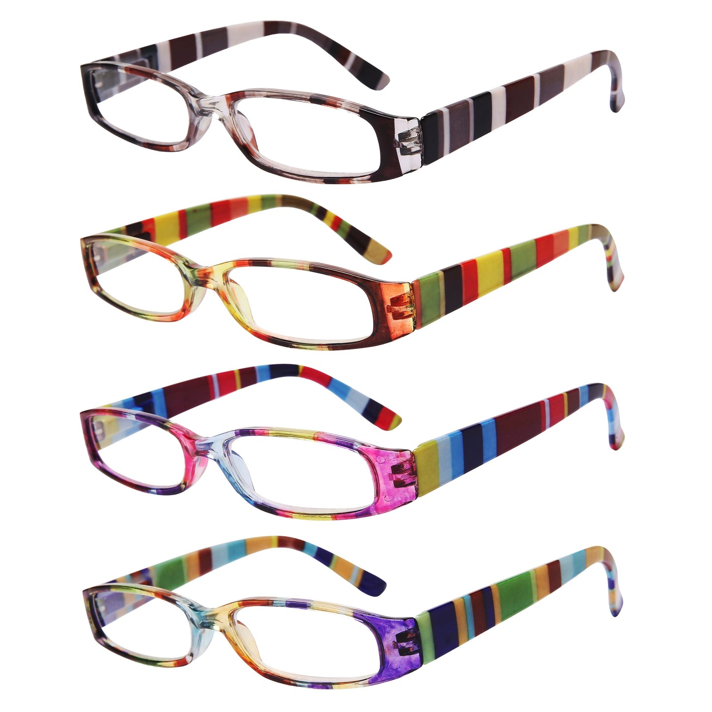Reading Glasses 4-Pack Retro Rectangle Printed Frames with Spring Hinges and 1.0x to 4.0x Options