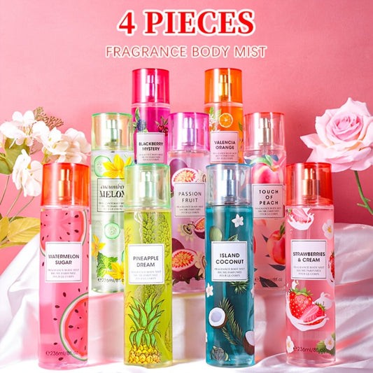 Body Spray for Women 4-Pack 8.4oz Each Hair Body Fragrance Mist Set 20 Floral Fruity Scents Daily Use Gift Value Bundle 250ml Per Bottle