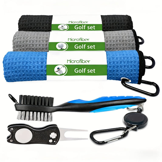 Five-Piece Golf Cleaning Set with Three Waffle Towels, Dual-Bristle Club Brush and Retractable Divot Tool