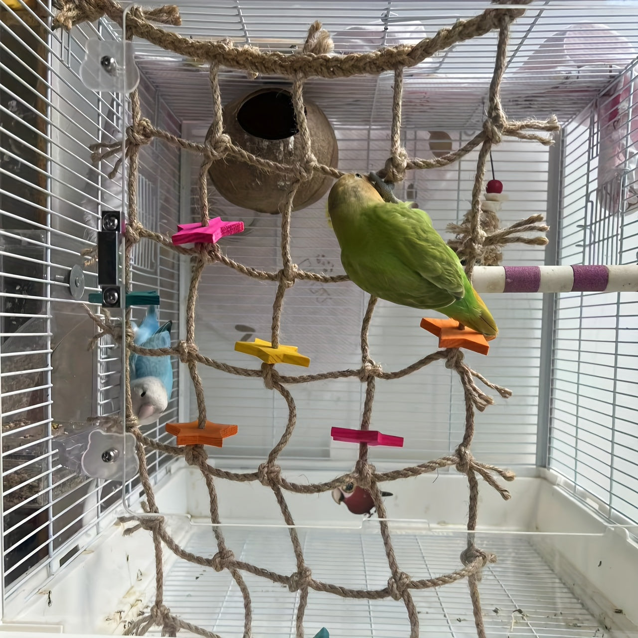 Hemp Rope Bird Climbing Net with Colorful Star Foot Shapes and Hanging Loops for Parakeet and Parrot Cages
