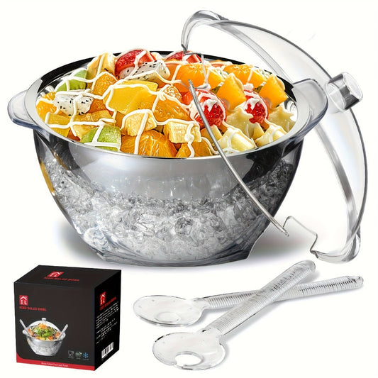 Stainless Steel Ice Chiller Salad Bowl with Lid and Serving Spoons – Large Refrigerated Veggie Fruit Tray with Ice Chiller Base for Party