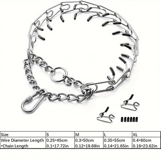 Dog Training Collar Adjustable Prong Design in Silver-Tone Steel with Rubber Tips and S or M Link Sizes