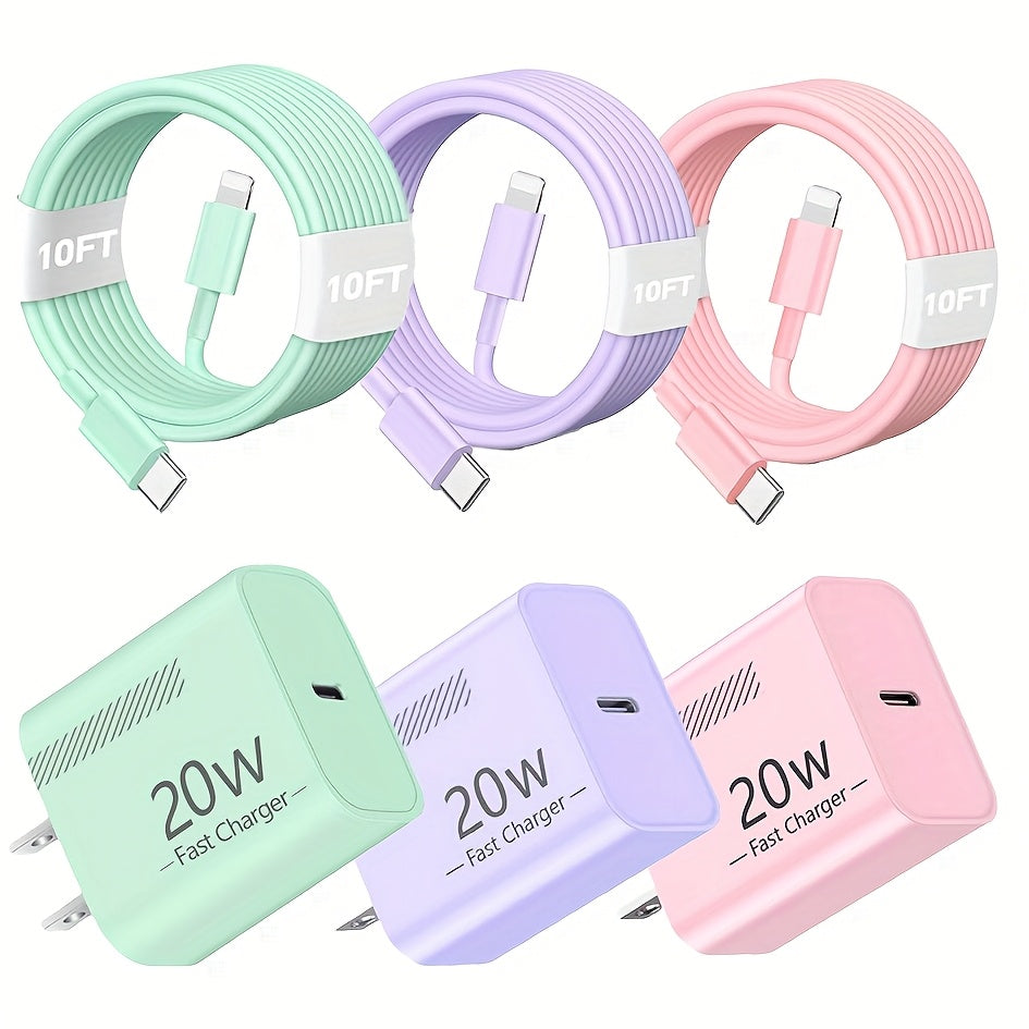 20W iPhone Fast Charger Bundle 3-Pack with 10ft L-Shaped Lightning Cable, 3 Chargers + 3 Cables Set for iPhone 14 13 12 11 Pro Max SE XR