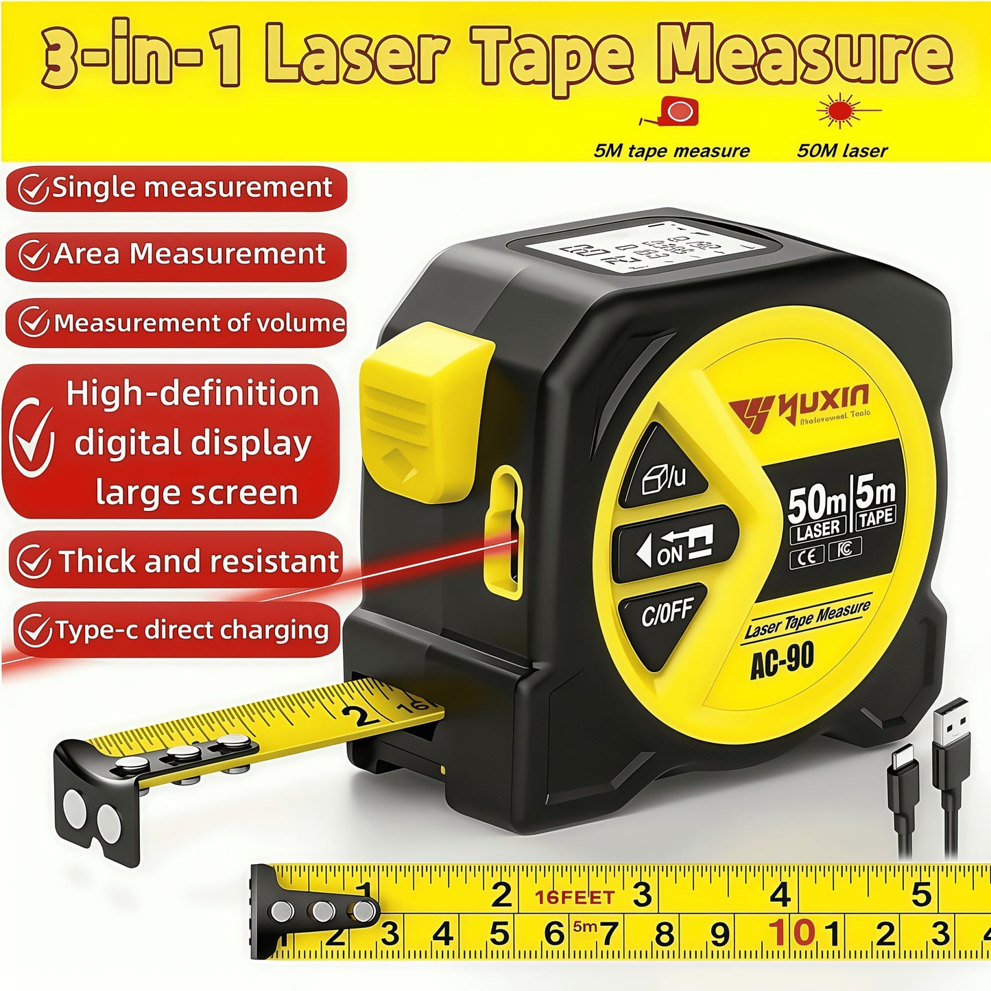 Laser Tape Measure 3-in-1 Digital Distance Meter 50M 165ft High Precision Infrared for Entryways, Bedrooms and Living Spaces