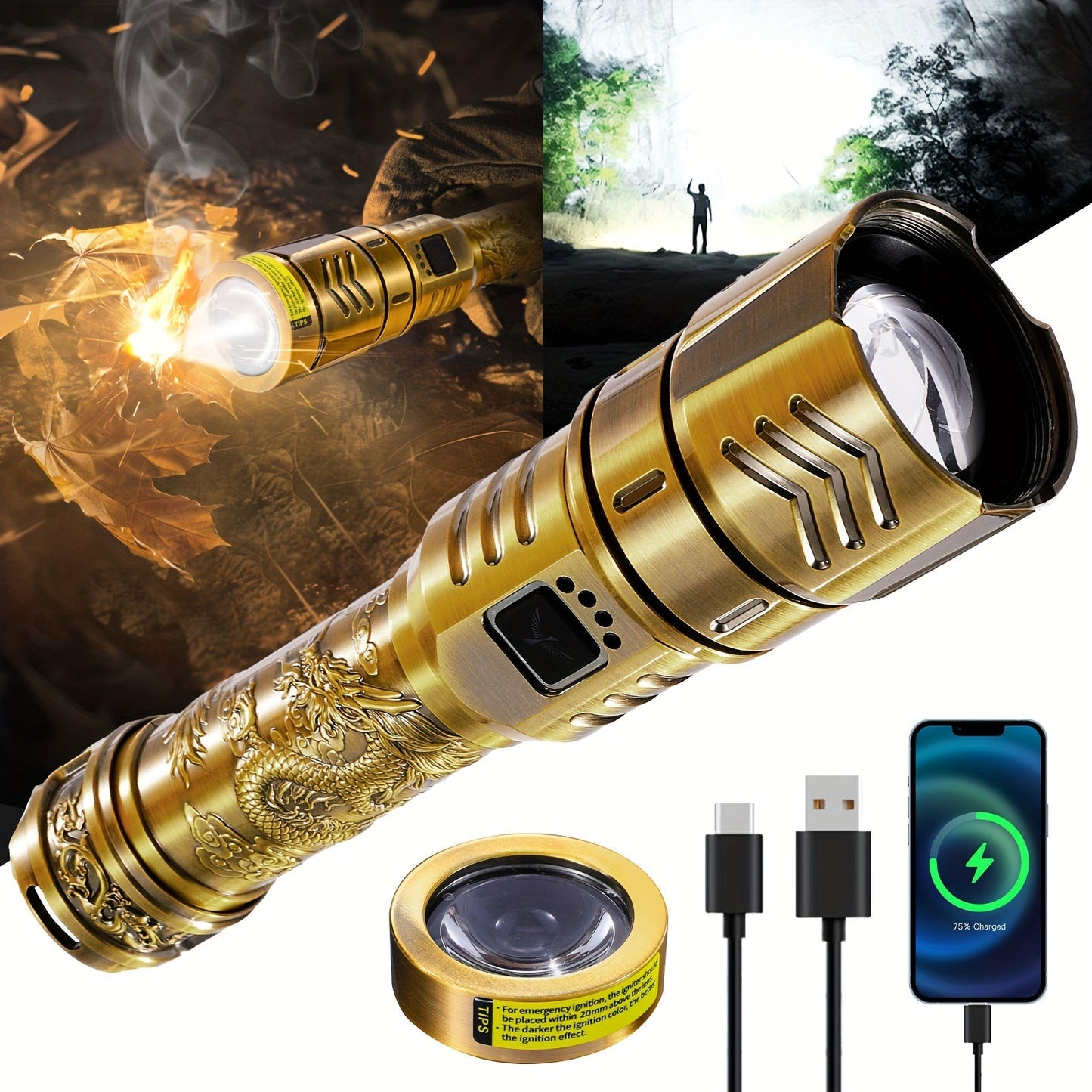 Tactical LED Flashlight 5000mAh Rechargeable Zoomable with Ignition Lens for Entryways, Bedrooms and Living Spaces