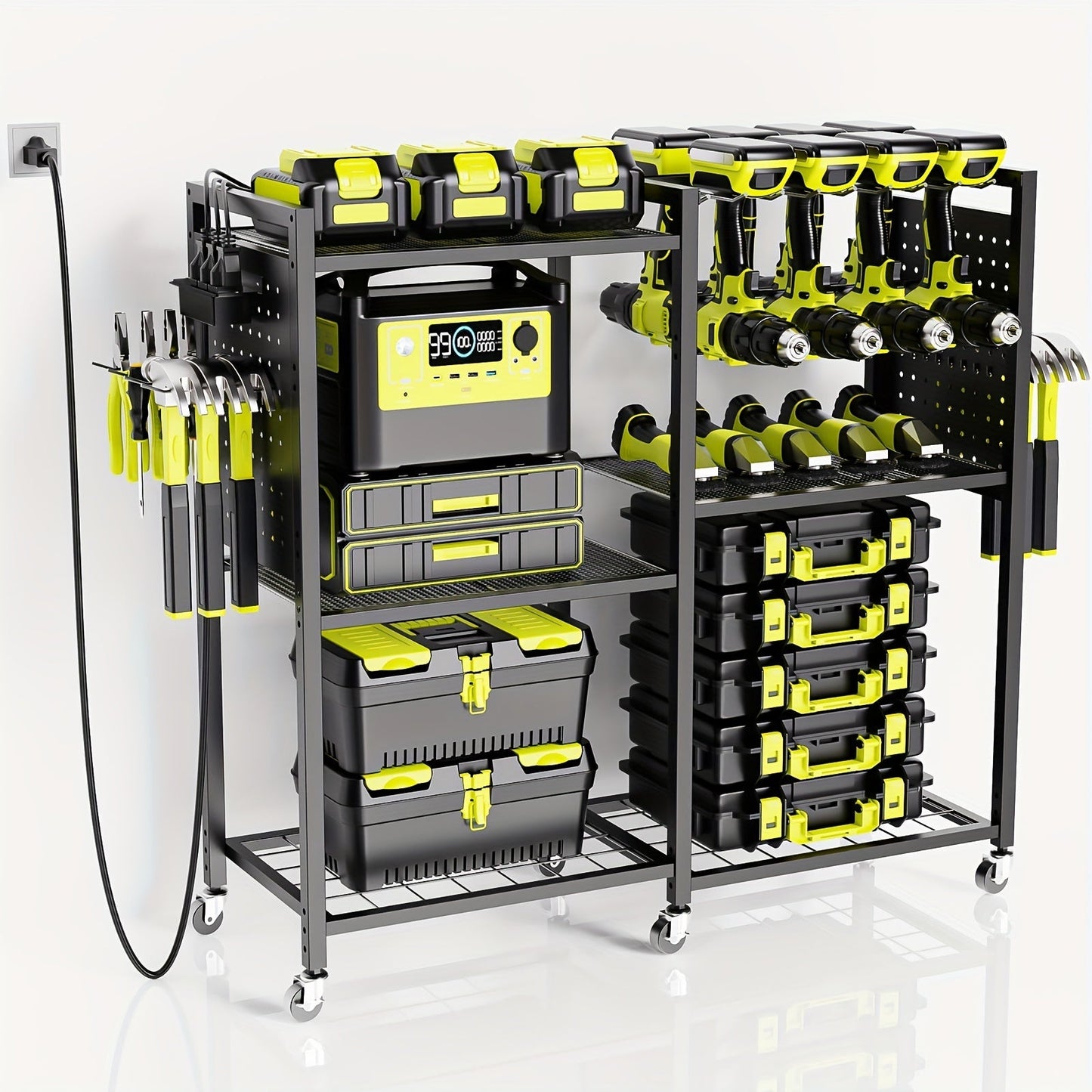 Mobile Tool Cart with Charging Station, 12 Drill Holders & 5 Storage Shelves Power Tool Organizer