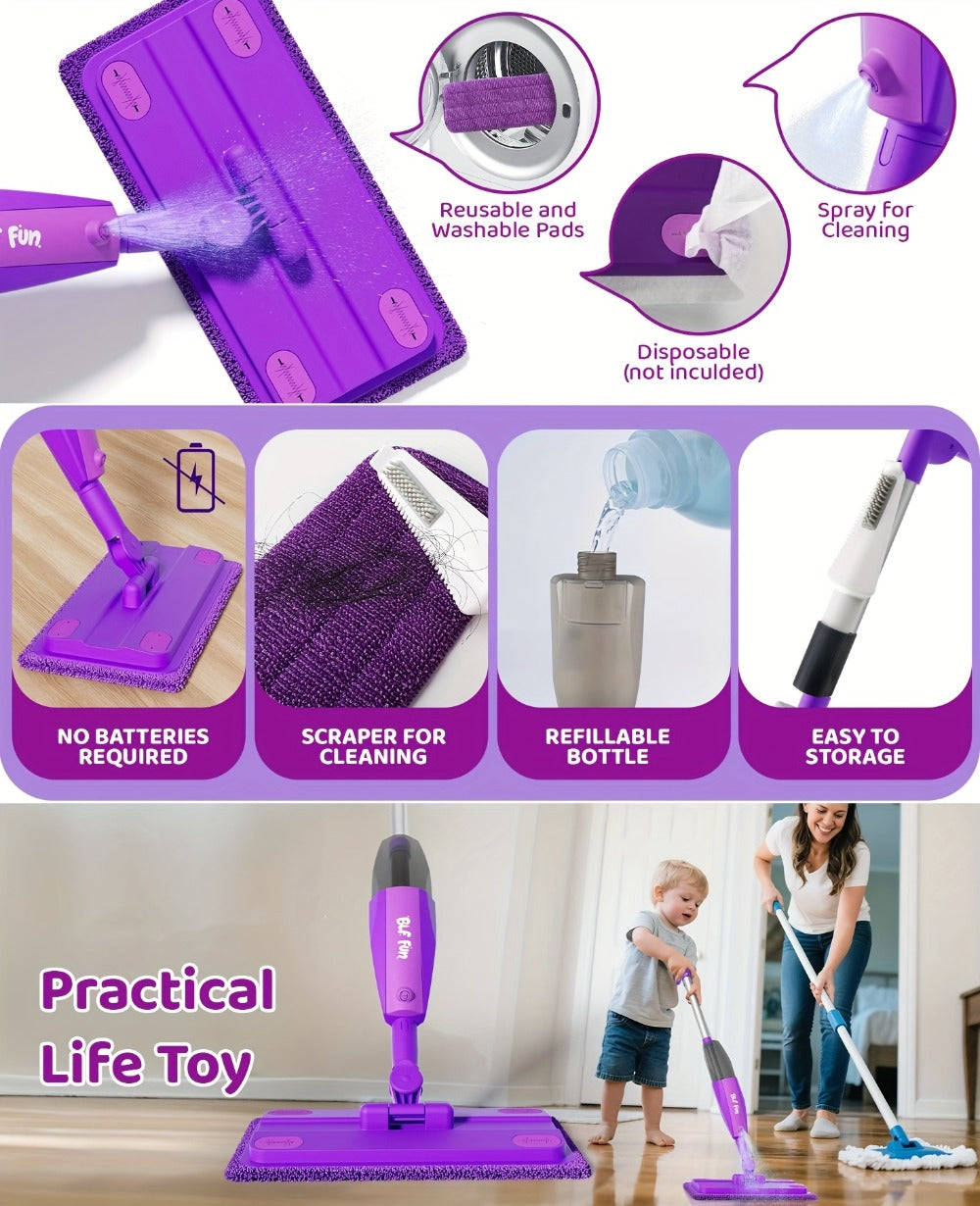Kids Spray Mop Toy with Water Sprayer, Pretend Play Housekeeping Kit for Floor Cleaning, STEM Educational Toy