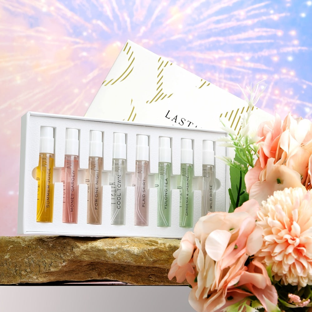8 Piece Women's Perfume Gift Set Travel Size Mini EDT Bottles - Patchouli Fresh Floral Scents for Bath Time, Home Spa and Personal Care