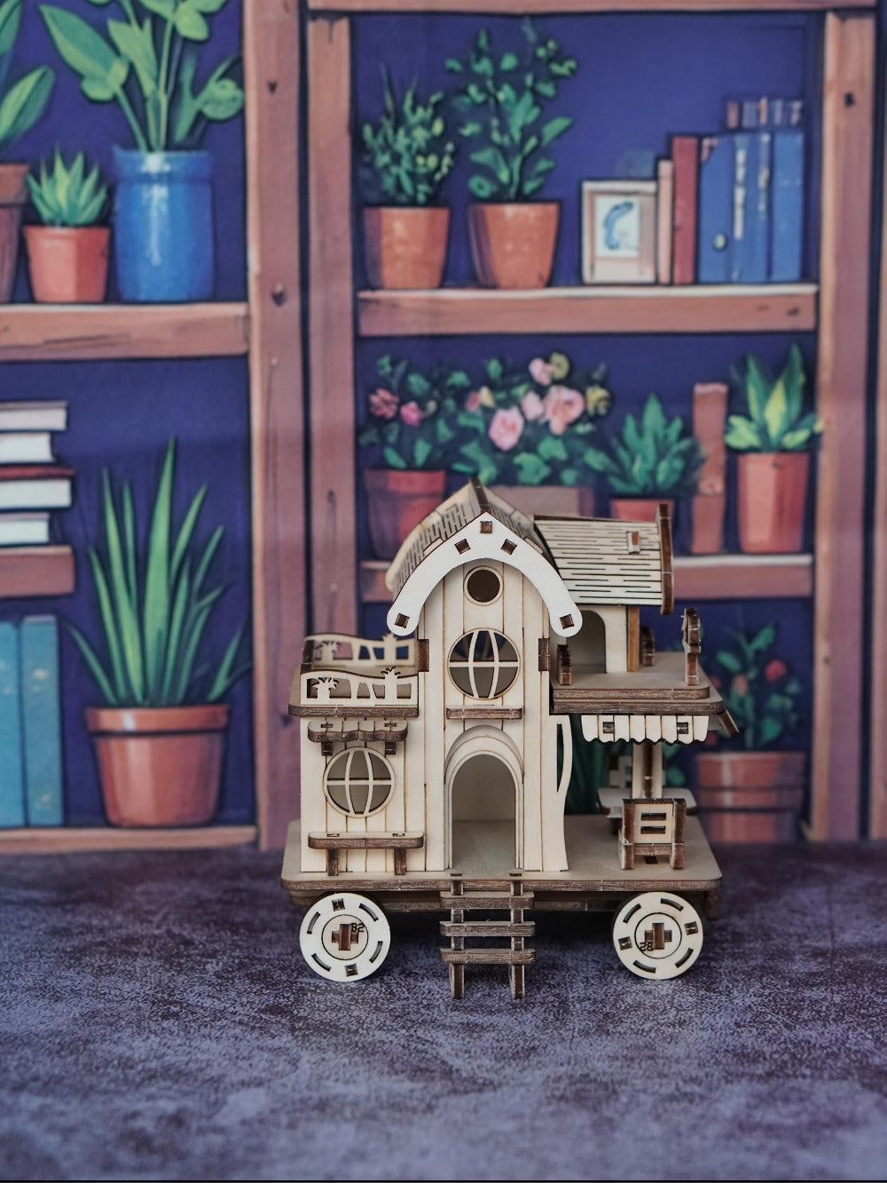 3D Wooden Puzzle Mobile Home on Wheels – DIY Café Bar Model Kit, Handcrafted Miniature House Assembly, Unique Desk Decoration Gift