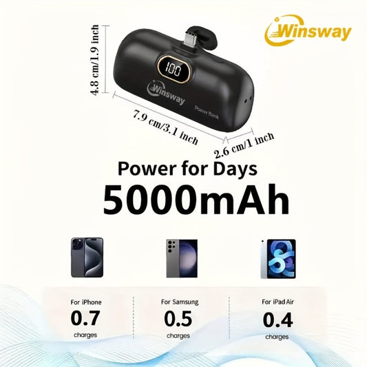 Winsway 5000mAh Mini Portable Charger Type-C Metal Plug with LED LCD Display for an Everyday Personal Care Routine