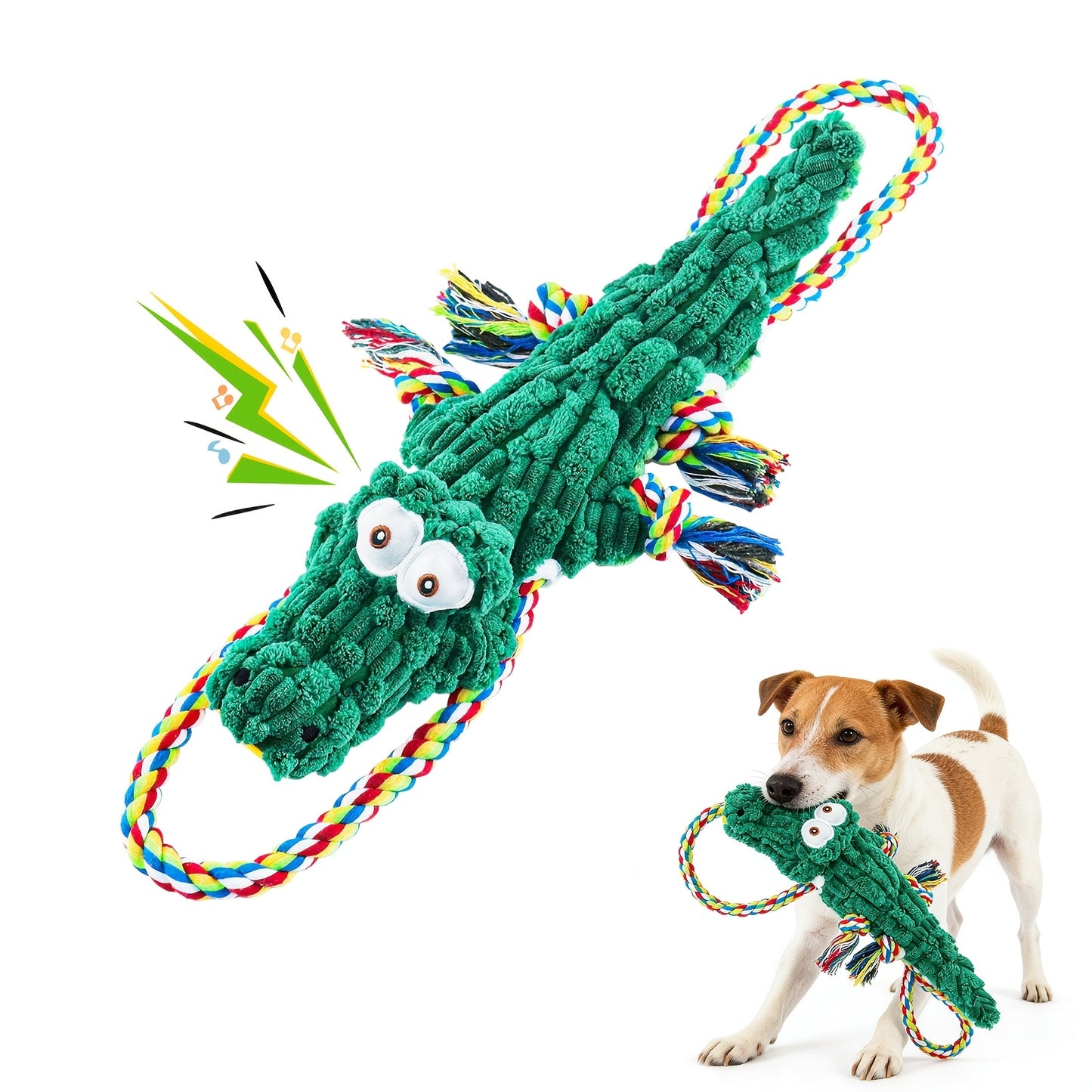 Squeaky Rope Dog Toy Crocodile Shape – Durable Cotton Rope Chew & Tug Toy with Built-In Squeaker, Teeth Cleaning