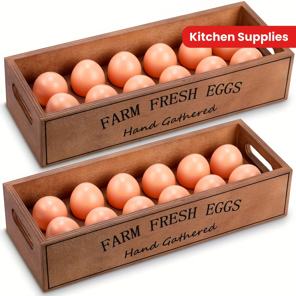 Farmhouse Wooden Egg Holder Rack 2pcs – 24 Egg Storage Display with Handle for Kitchen, Farm, Easter