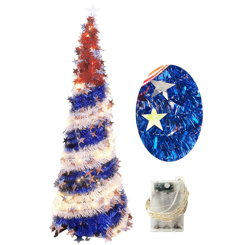 4th of July Patriotic Decoration Tree 5ft, Foldable LED Light String with Red White Blue Stars & Stripes