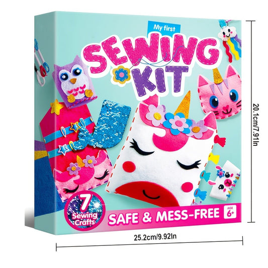 Kids Sewing Kit for Beginners 7 Felt Craft Projects, Pre-Punched Holes Safe Needles Mini Pillow Keychain Card Holder Cup Sleeve