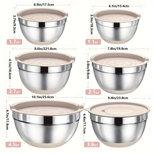 Nested Mixing Bowl Set with Khaki, Black or Mixed-Color Lids, Grater Inserts and Prep Tools