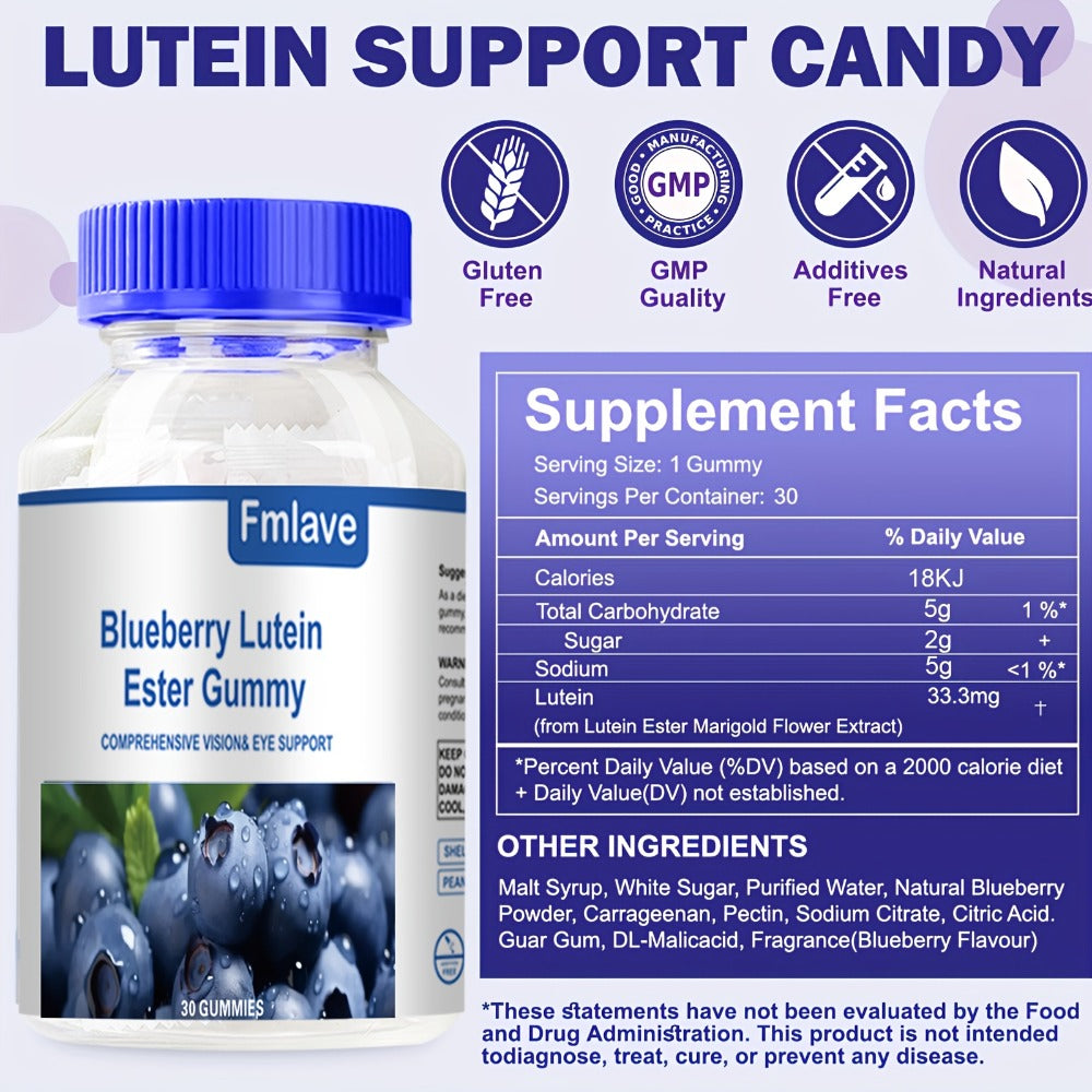 Lutein Eye Health Gummies Blueberry 30-Day Supply - Vision Clarity & Blue Light Protection for Bath Time, Home Spa and Personal Care