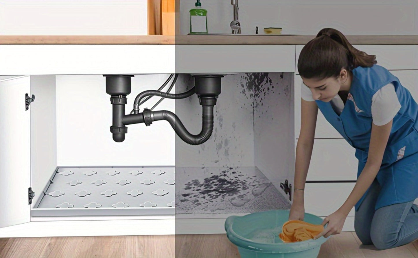 Under Sink Mat Silicone 34" x 22" Undersink Drip Tray Liner for Kitchen Bathroom Cabinet, Holds 2 Gallons
