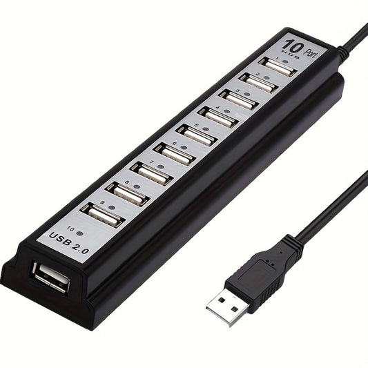 Black 10-Port USB 2.0 Hub with USB-A Host Cable, Numbered Ports and DC Power Input for Desktop Expansion