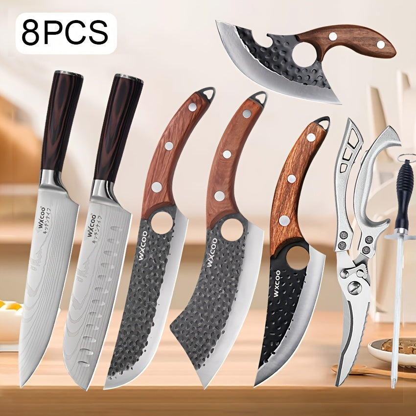 Kitchen Knife Set 8-Piece 5Cr15MoV Stainless Steel with Hammered Blades, Wood-Style Handles and Shears Options