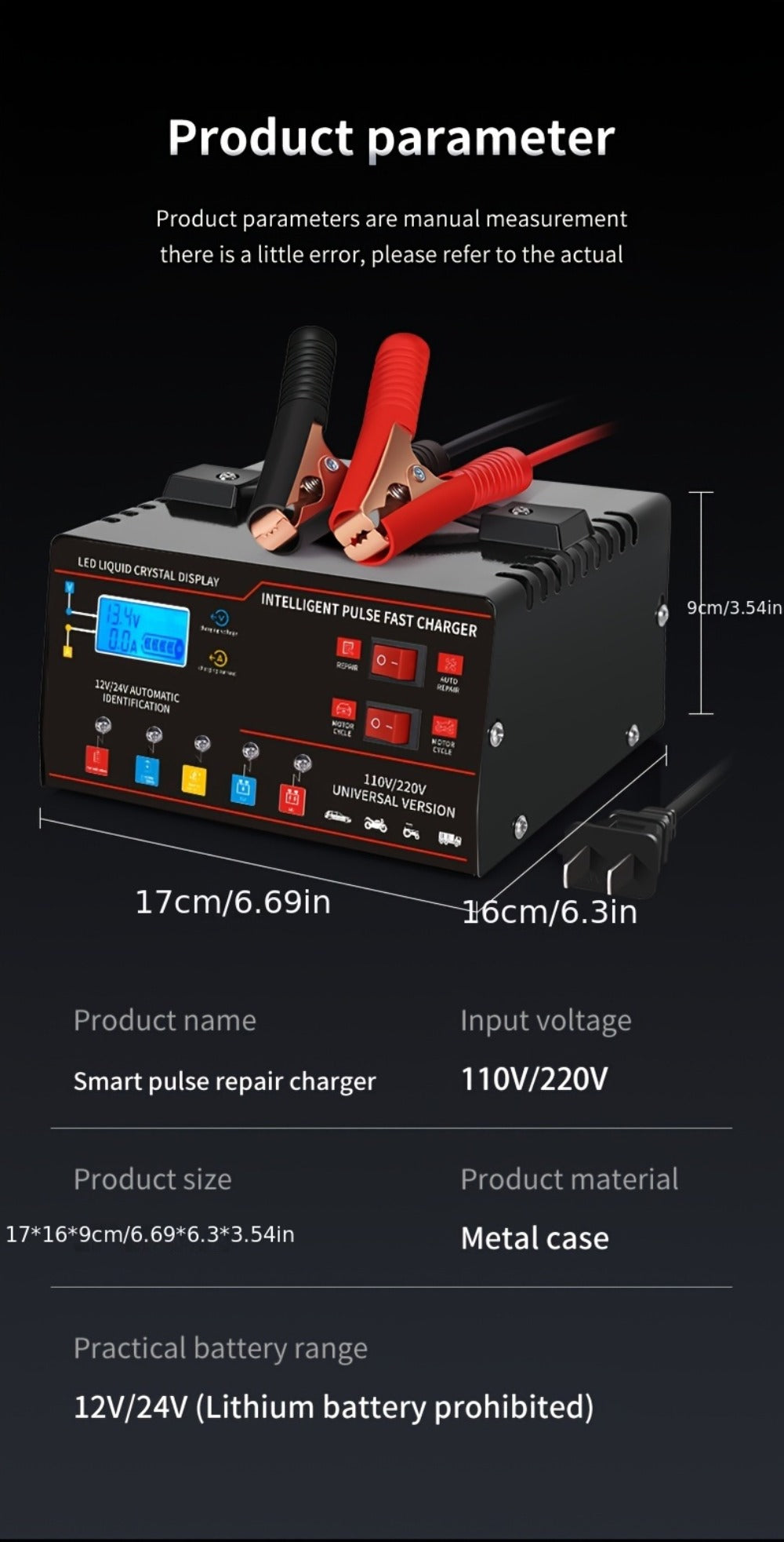 AF01 12 V and 24 V Battery Charger with LCD Display, Alligator Clamps, Carry Handle and Cooling Fan