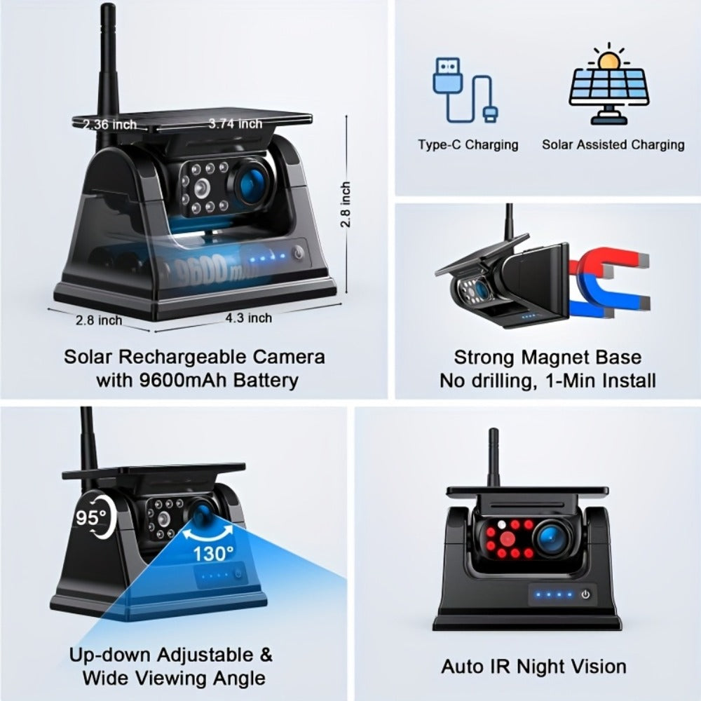 Wireless Backup Camera Solar Powered for Truck RV Trailer – 1080P HD, WiFi Magnetic Mount, Infrared Night Vision, 150° Wide Angle