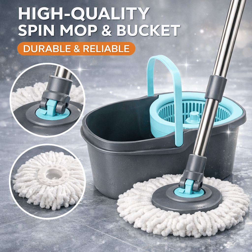 360 Spin Mop and Bucket Set with Wringer – Stainless Steel Extended Handle Spinning Mop Bucket System with Microfiber Mop Refills