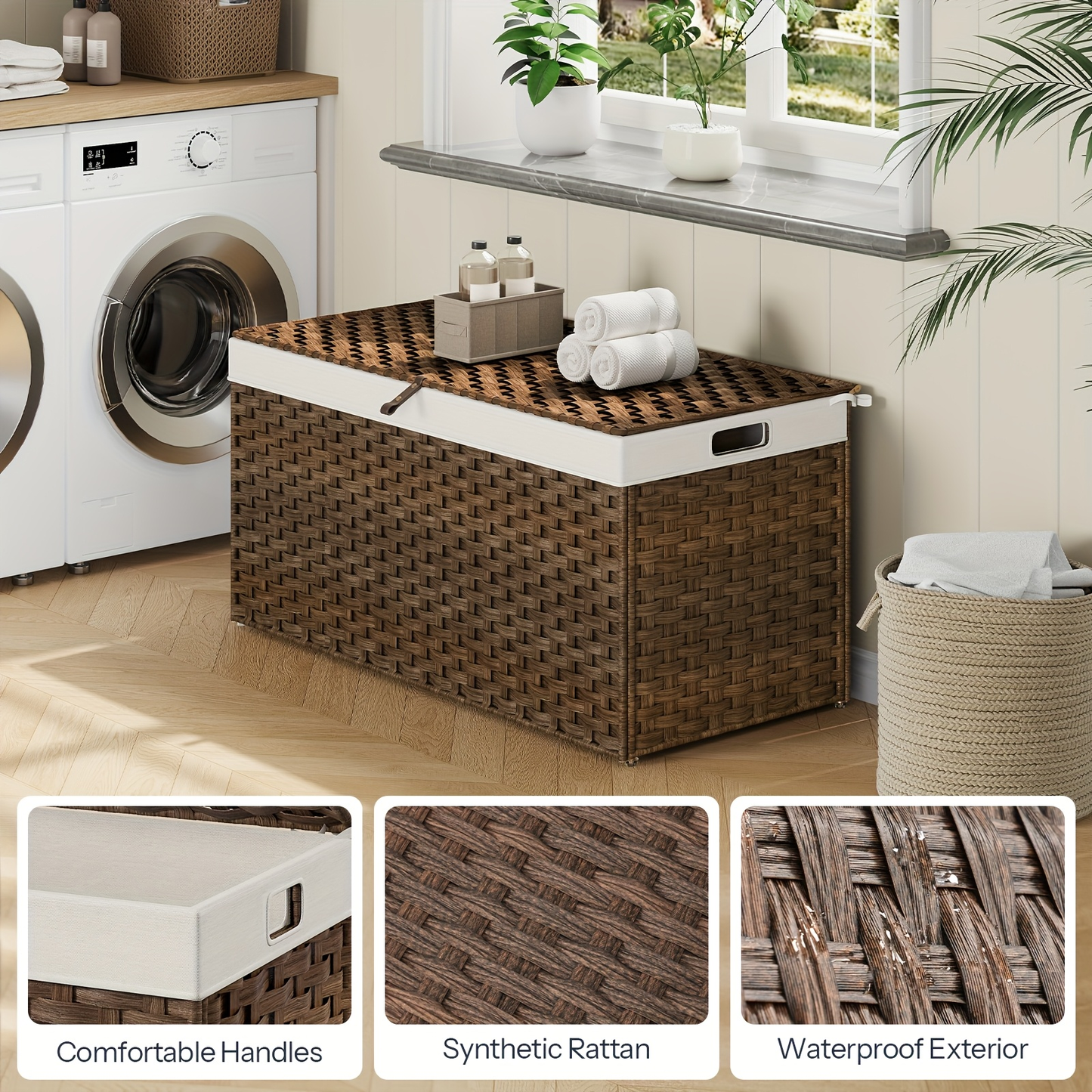 Large Wicker Storage Basket with Lid, Handles, Soft Lining, Metal Frame in a 220L Lidded Format