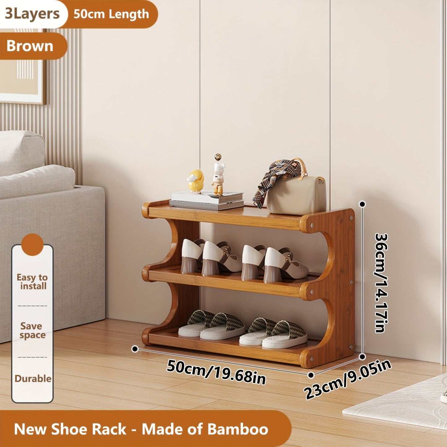 Shoe Rack Bamboo Freestanding Organizer with 3-Layer, 5-Layer or 6-Layer Brown Height Options