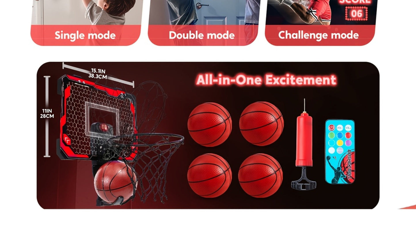 Indoor Basketball Hoop for Kids Over the Door, Light Up LED Scoreboard 4 Balls Air Pump 3 Game Modes 7 Light Shows