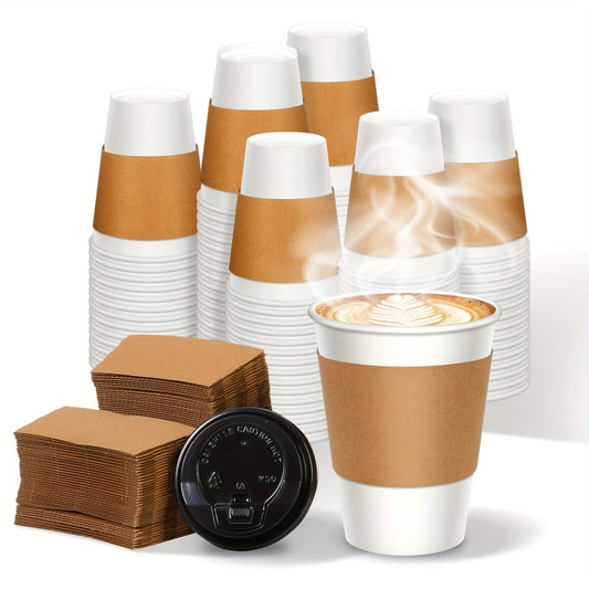 Disposable Paper Coffee Cups with Lids and Sleeves 12oz, Leak-Proof To-Go Hot Coffee Cups with Insulated Sleeve for Home