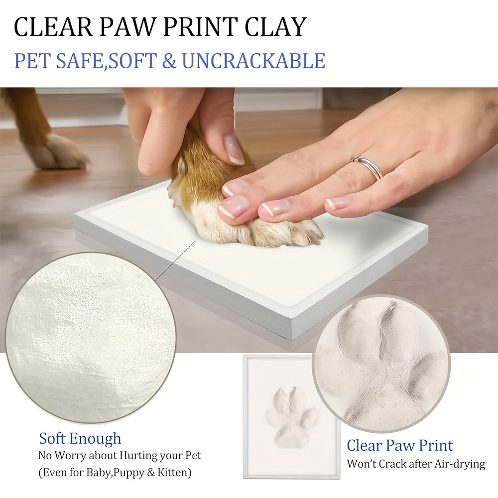 Pet Paw Print Frame Kit with Clay Impression – Wooden Photo Frame Keepsake for Dogs & Cats, Tabletop Memorial Gift