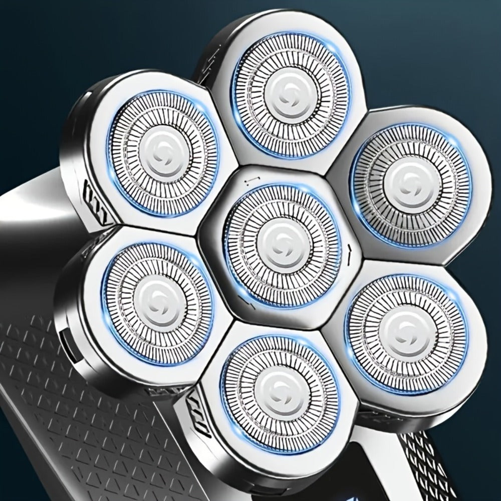Nine-Head Rotary Electric Shaver Kit with Four Grooming Attachments, LED Display and Silver Finish