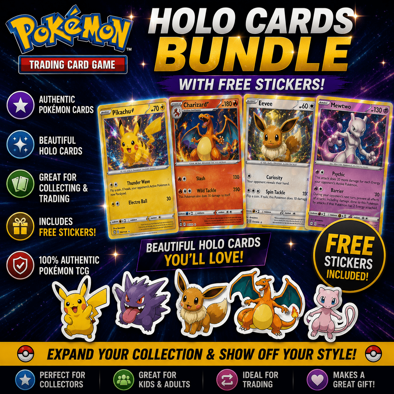 Trading Card Game 25-Card Assortment with Included Character Stickers and Mixed Artwork with Item-Specific Card Count, Pack and Storage