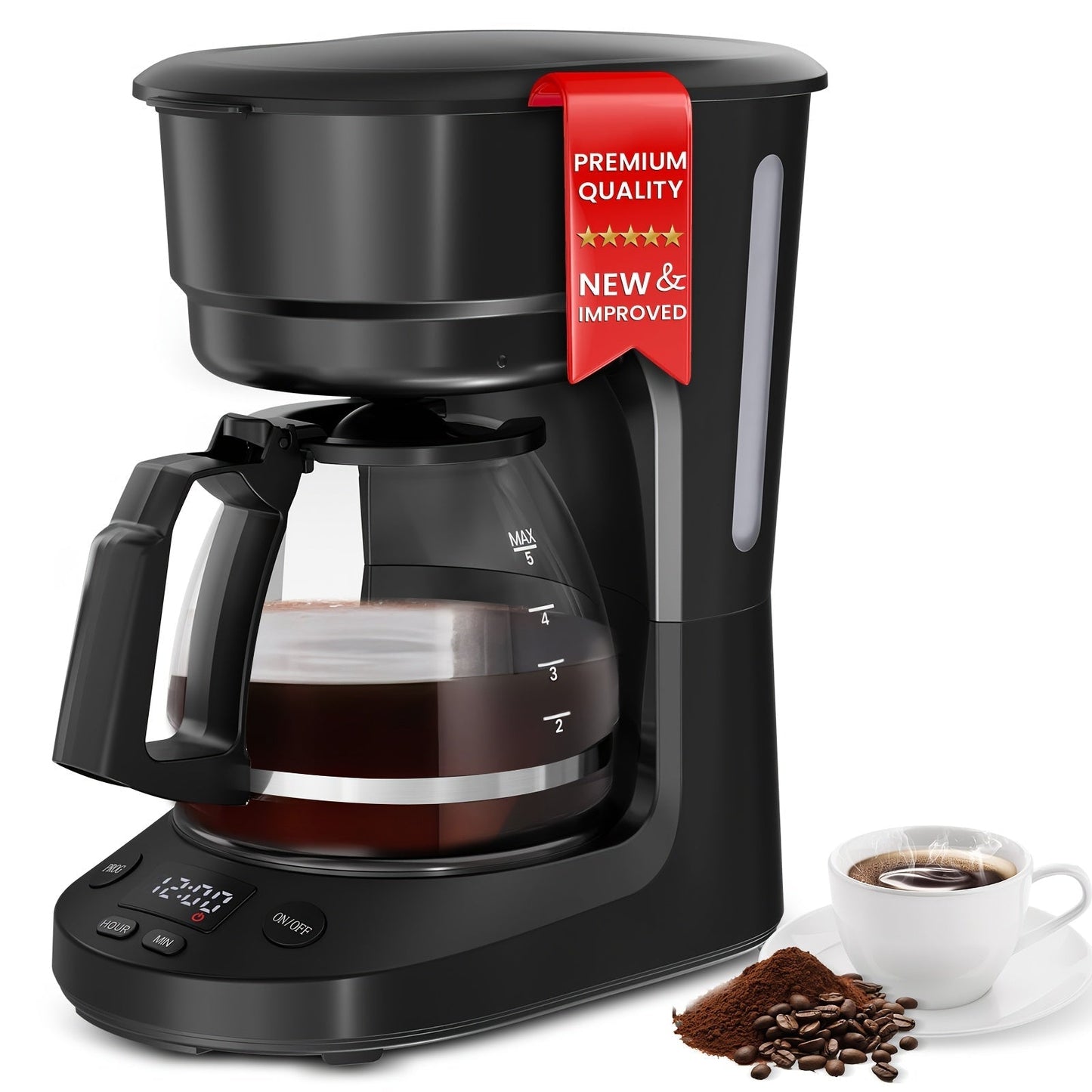 Programmable Coffee Maker 5-Cup & K-Cup Compatible 24-Hour Timer Keep Warm Drip-Free Washable Filter Stainless Steel Home Office Brew