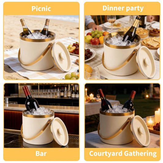 Stainless Steel Ice Bucket with Lid 44oz, 3-Layer Vacuum Insulated Large Ice Bucket with Ice Spoon & Drain