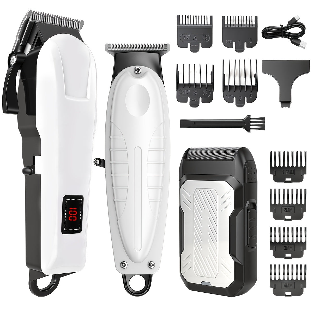 Hair Clippers & Trimmers White One-, Two- or Three-Piece Set with LCD Displays, USB-C Charging and Guide Combs