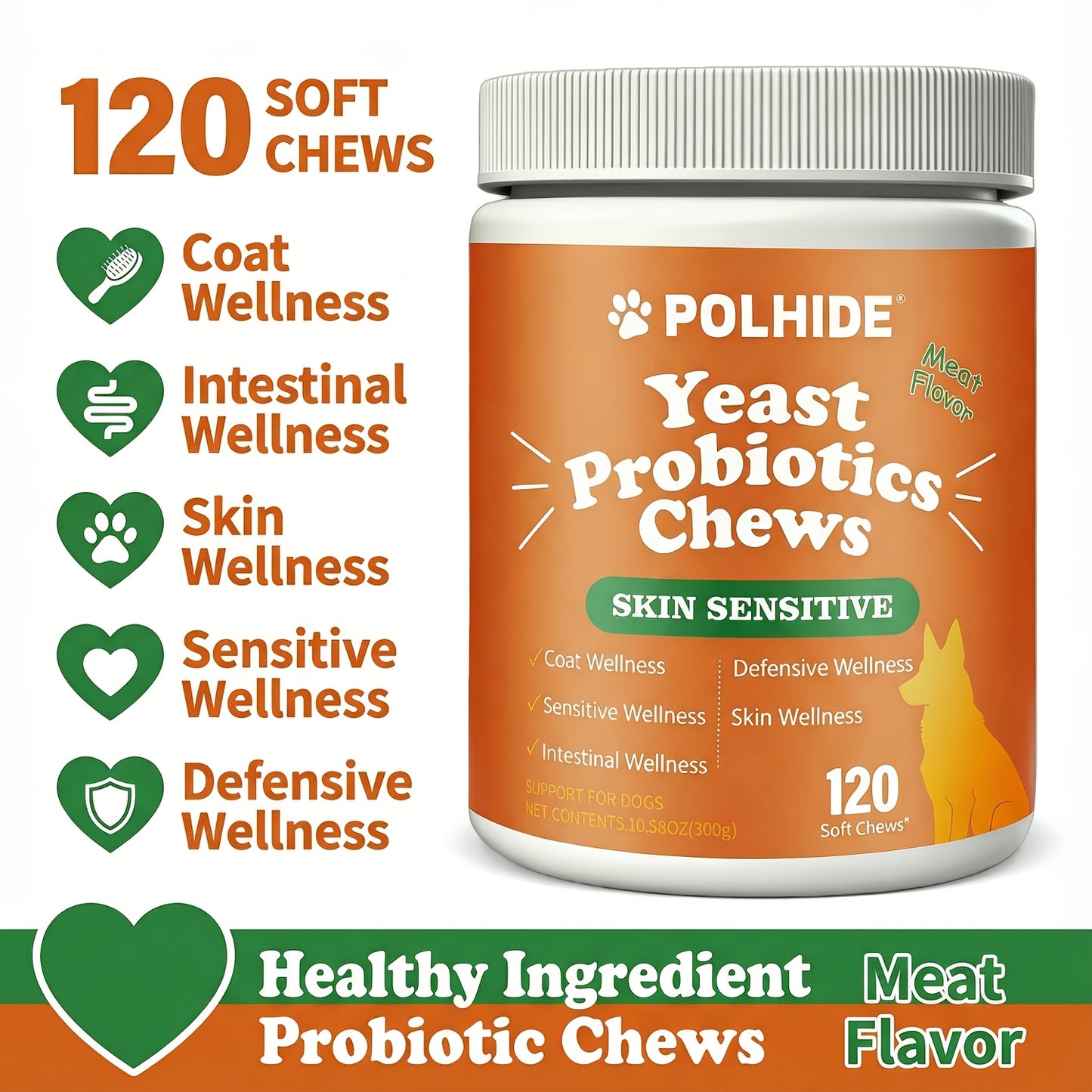 Probiotic Chews for Dogs 120 Count 90-Day Supply – Yeast & Gut Health Supplement, Soft Meat Flavor Chews for Coat